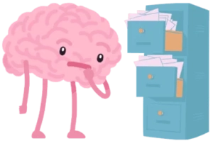 une image dans un style graphique d'un cerveau, en train de chercher un dossier dans un tiroir