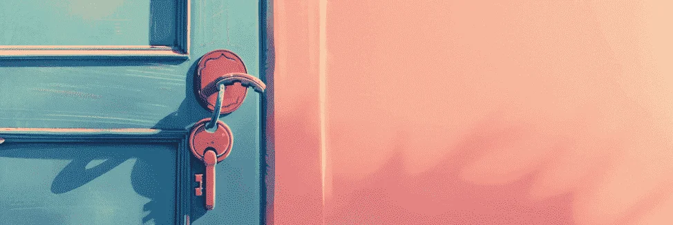 une porte bleue sur laquelle se trouve une clef dans la serrure, le mur à côté est rose